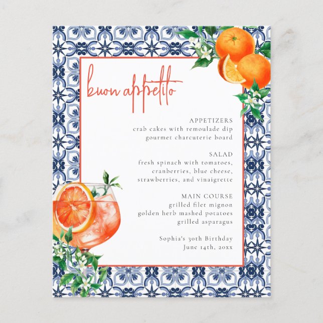 Watercolor Italian Orange Aperol Spritz Menu Événe (Devant)