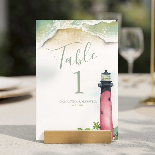 Watercolor Jupiter Lighthouse Numéro de table (Beach wedding Jupiter lighthouse table number features watercolor art by Victoria Grigaliunas)