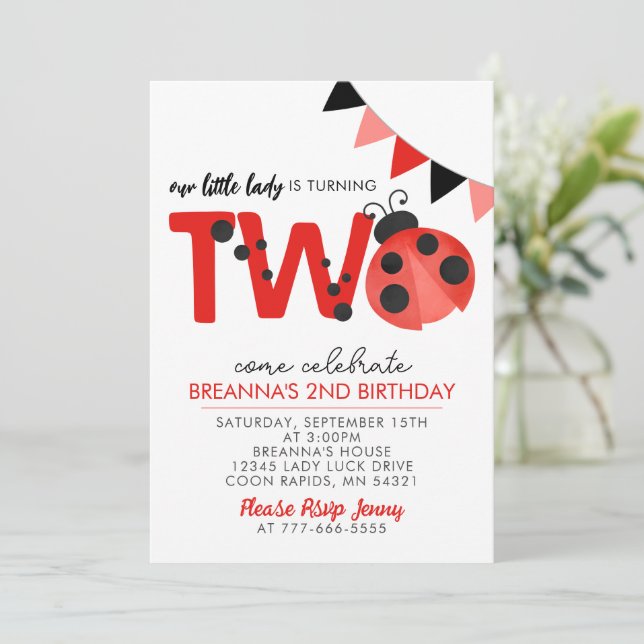 Watercolor Ladybug 2nd Birthday invitation (Debout devant)