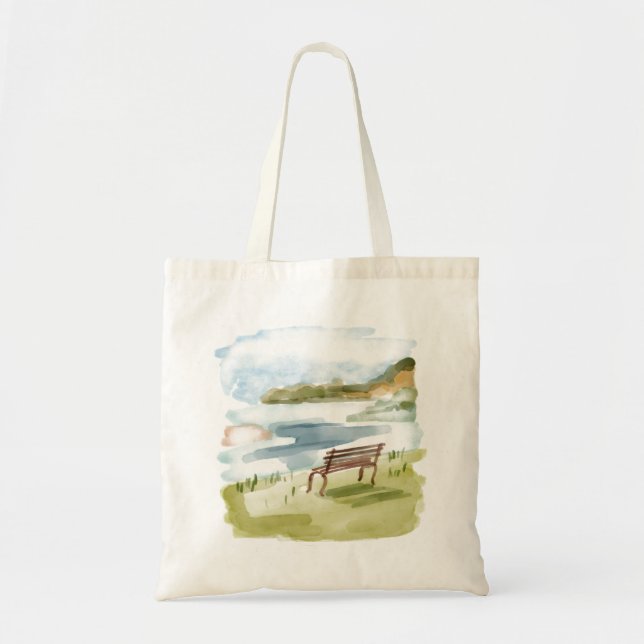 Watercolor Lakeside Bench Tote Bag – Calm Nature  (Devant)