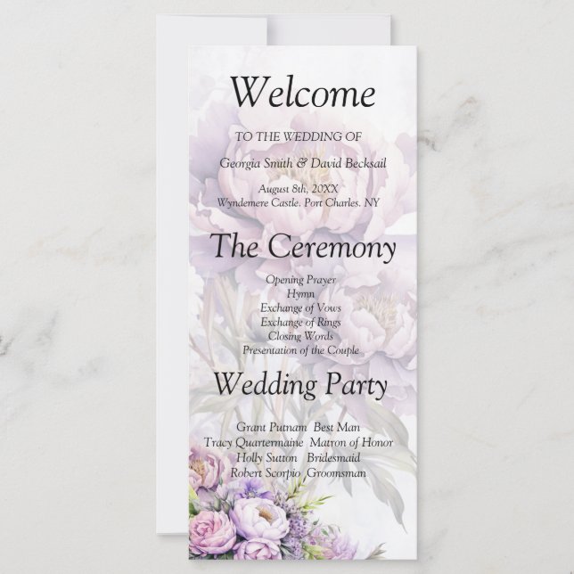 Watercolor Lavender Peony Wedding Programme (Devant)
