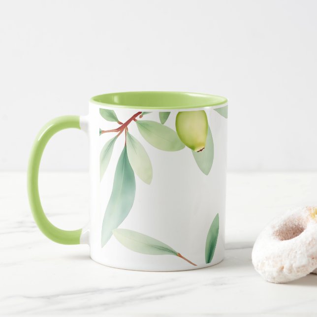 Watercolor Leaves Mug – Soft Botanical Design (Avec donut)