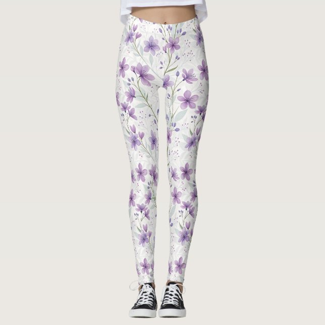 Watercolor Lilac Wildflower Pattern Leggings (Devant)