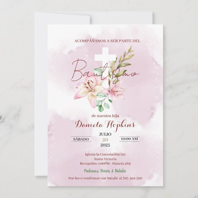 Watercolor lily baptism invitation (Devant)