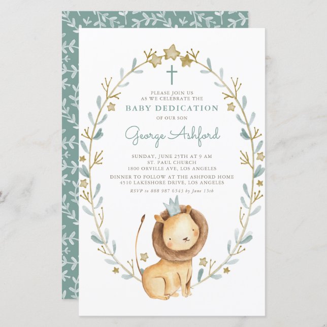 Watercolor Lion Prince Baby Dedication Invitation (Devant / Derrière)