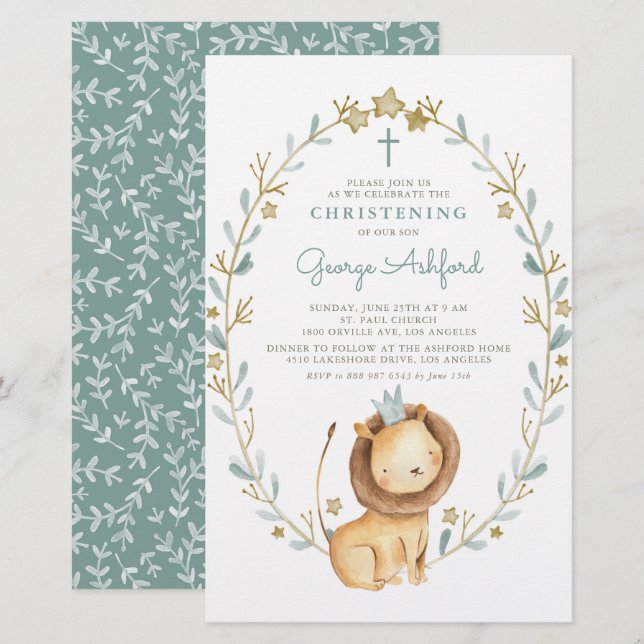 Watercolor Lion Prince Boy Christening Invitation (Devant / Derrière)