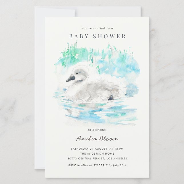 Watercolor Little Swan Baby Shower Invitation (Devant)