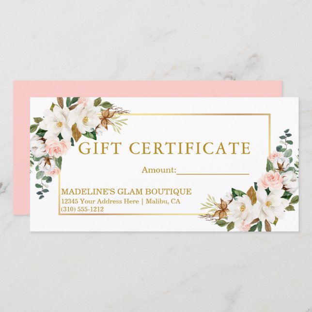 Watercolor Magnolias Pink Roses Certificat cadeau (Devant / Derrière)