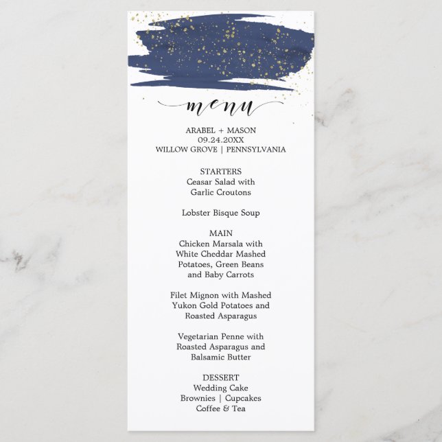 Watercolor Marine et Gold Sparkle Mariage Menu (Devant)