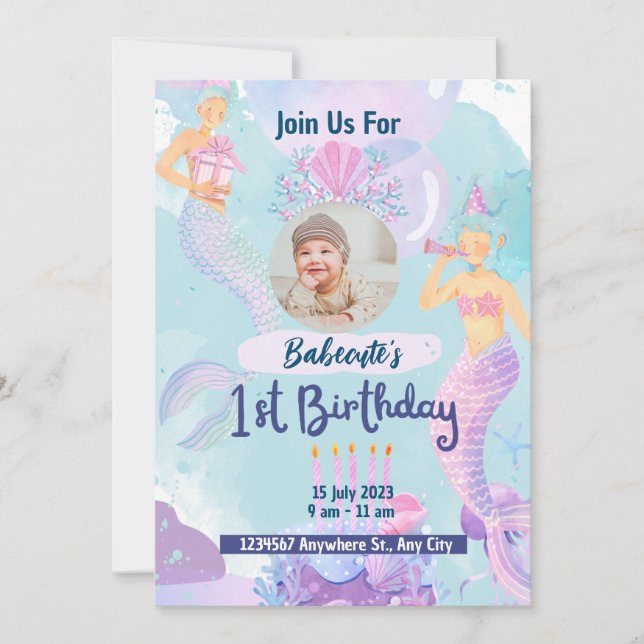 Watercolor Mermaid 1ère invitation anniversaire (Devant)