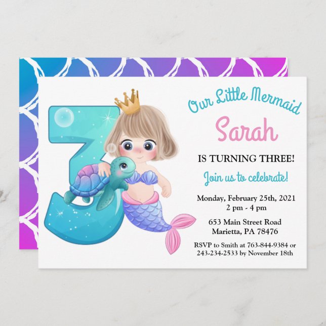 Watercolor Mermaid 3e anniversaire fête Invitation (Devant / Derrière)