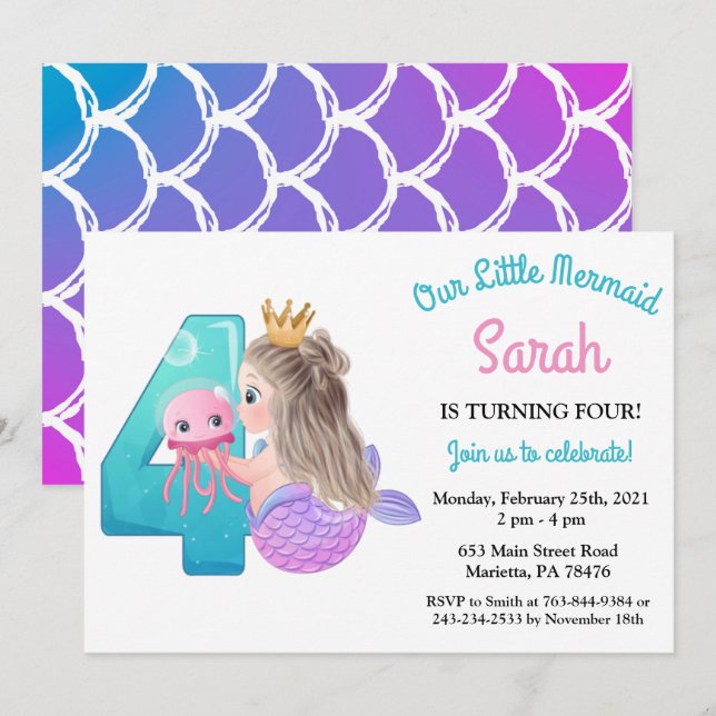 Watercolor Mermaid 4e anniversaire Fête Invitation (Devant / Derrière)