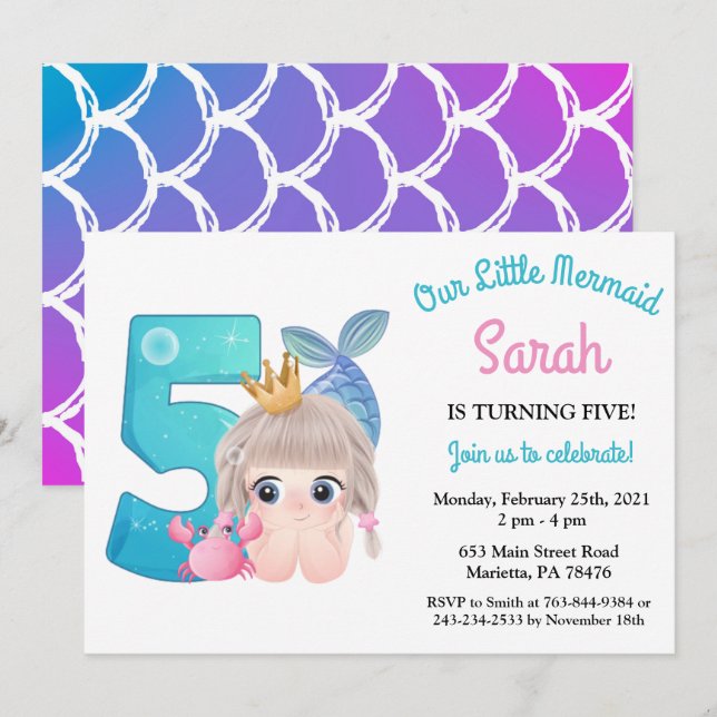 Watercolor Mermaid 5e anniversaire fête Invitation (Devant / Derrière)
