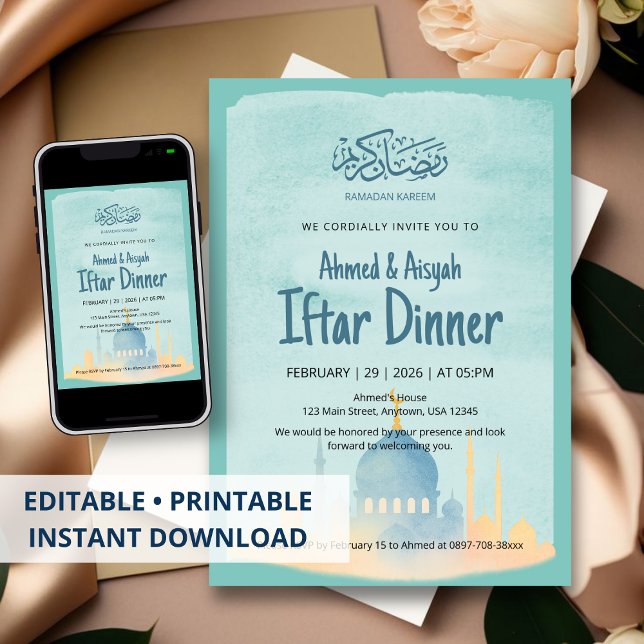 Watercolor Mosque Ramadan Iftar Party Invitation (Créateur téléchargé)
