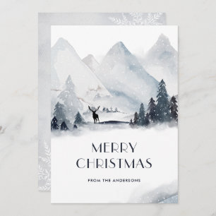 Watercolor Mountain Deer Snowflake Cartes de Noël