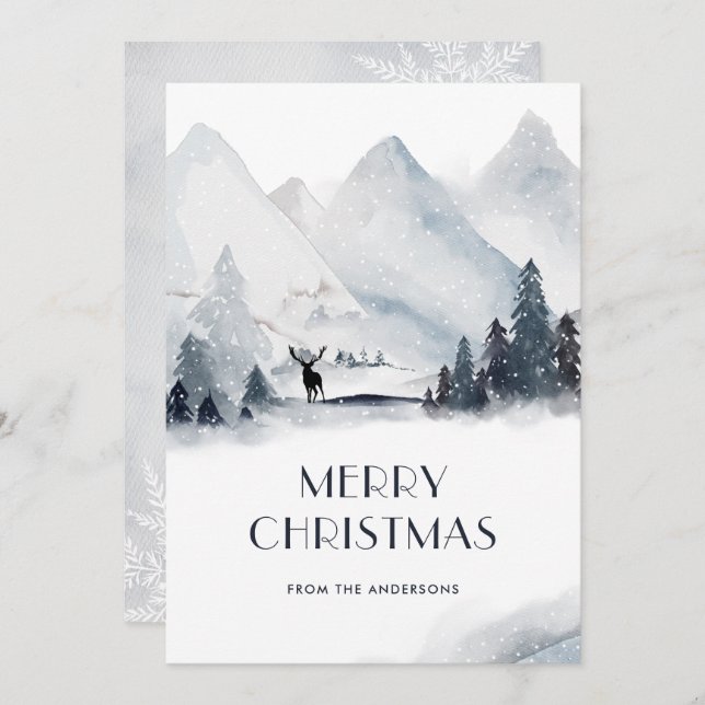 Watercolor Mountain Deer Snowflake Cartes de Noël (Devant / Derrière)