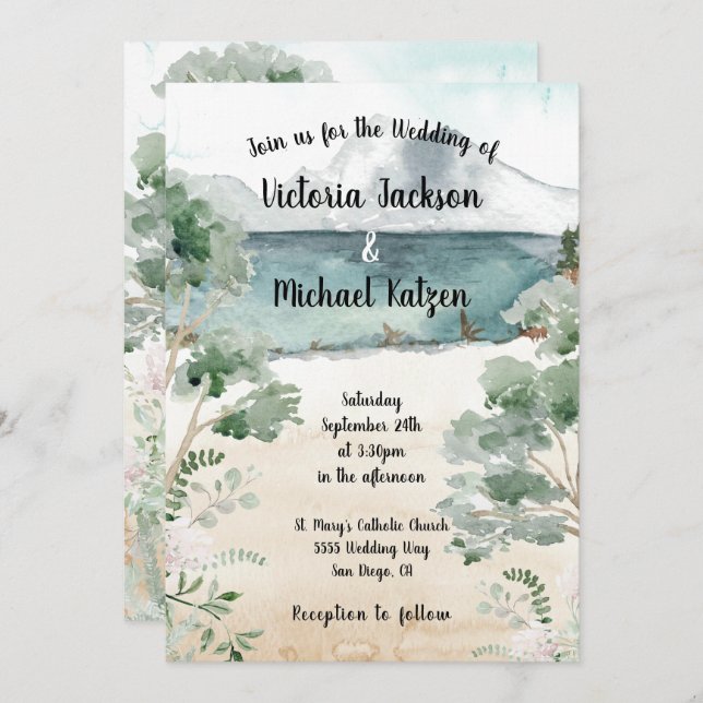Watercolor Mountain lake Invitations de mariage (Devant / Derrière)