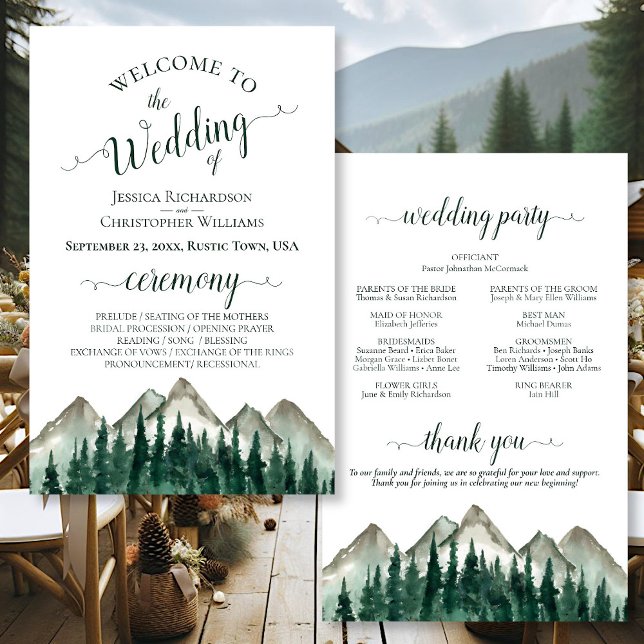 Watercolor Mountain Pines Programme de mariage bud (Front/Back)