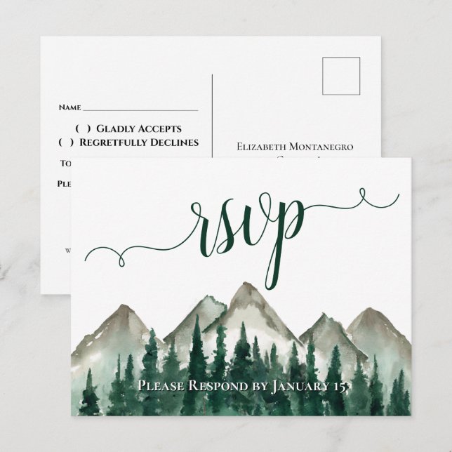 Watercolor Mountains & Pines Wedding Carte postale (Devant / Derrière)