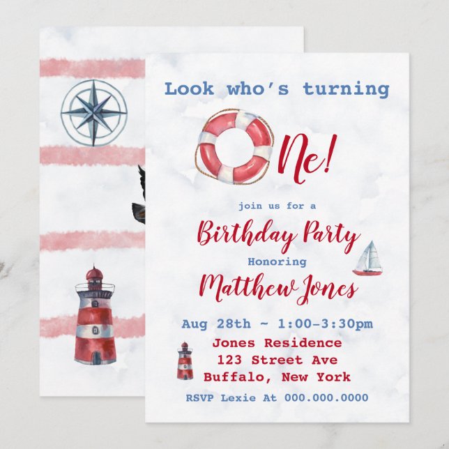 Watercolor Nautical Boy 1er anniversaire Invitatio (Devant / Derrière)