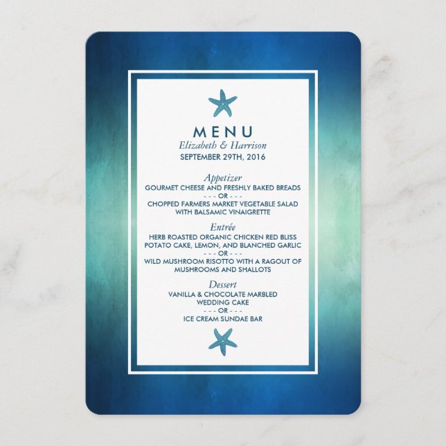 Watercolor Ocean Starfish Beach Wedding Menu (Devant)