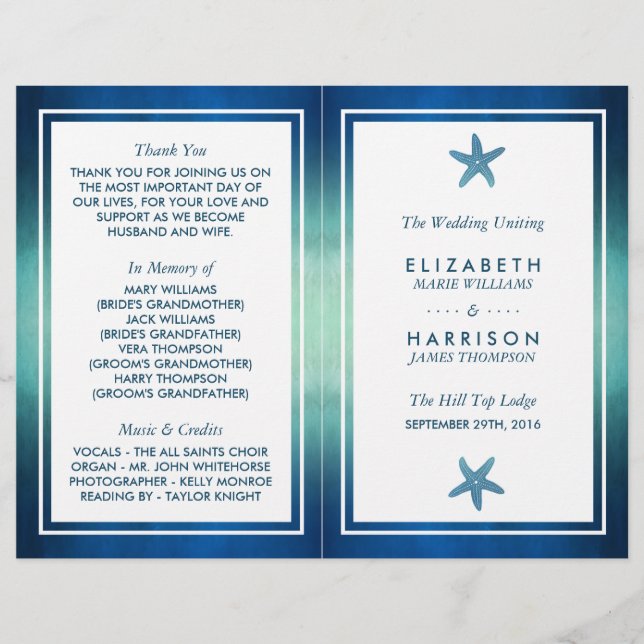 Watercolor Ocean Starfish Beach Wedding Programme (Devant)