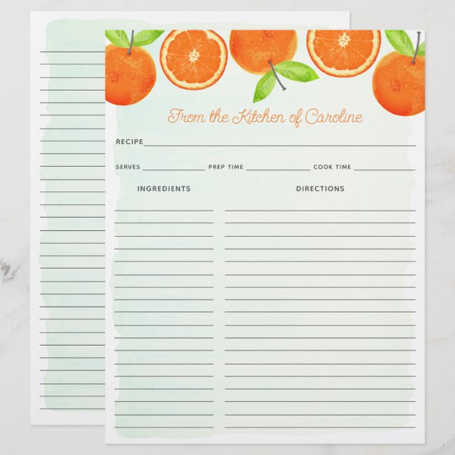 Watercolor Oranges Fruit Recipe Card Binder Insert (Devant / Derrière)