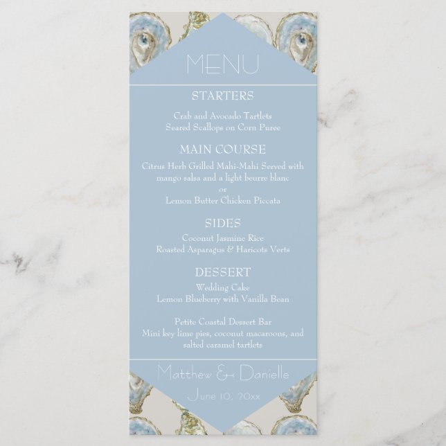Watercolor Oysters Wedding- Light Blue Flat Menu (Devant)