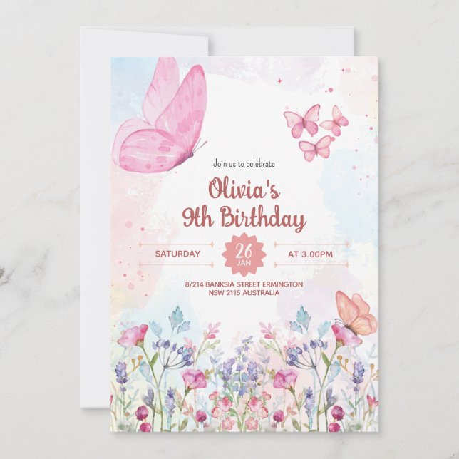 Watercolor Pastel Butterfly Birthday Invitation (Devant)