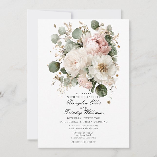 Watercolor peonies elegant wedding invitation (Devant)