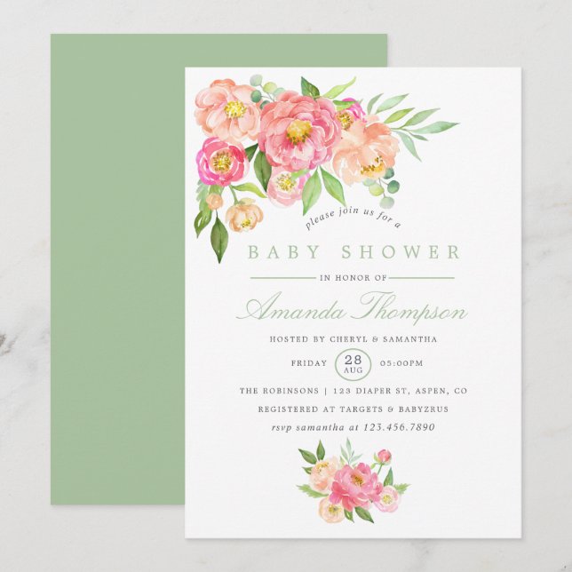 Watercolor Peony fleurs Baby shower invitation (Devant / Derrière)