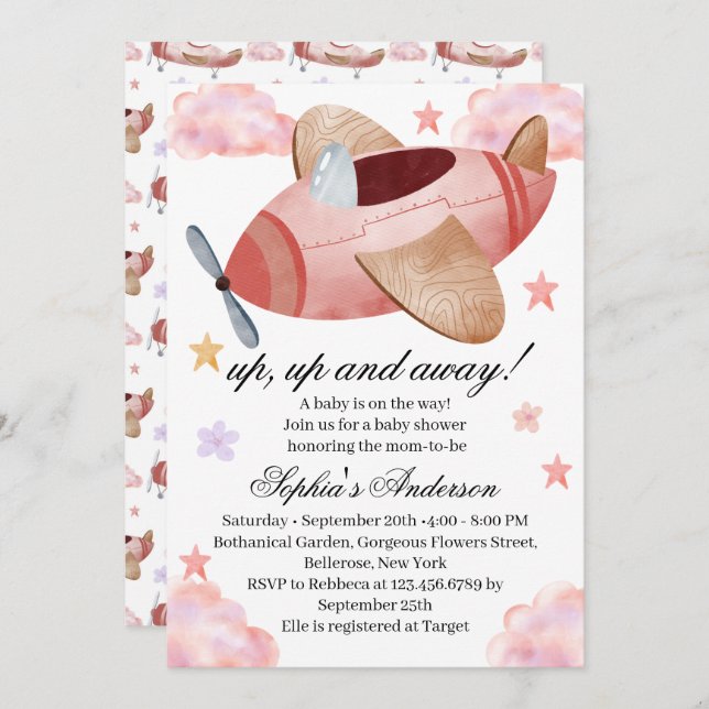 Watercolor Pink Airplane Baby Shower Invitation (Devant / Derrière)