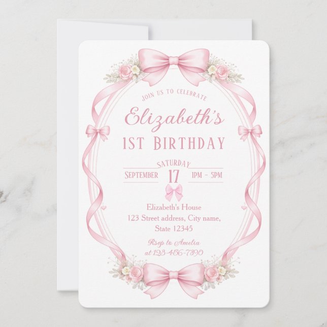Watercolor Pink Bow First Birthday Invitation (Devant)