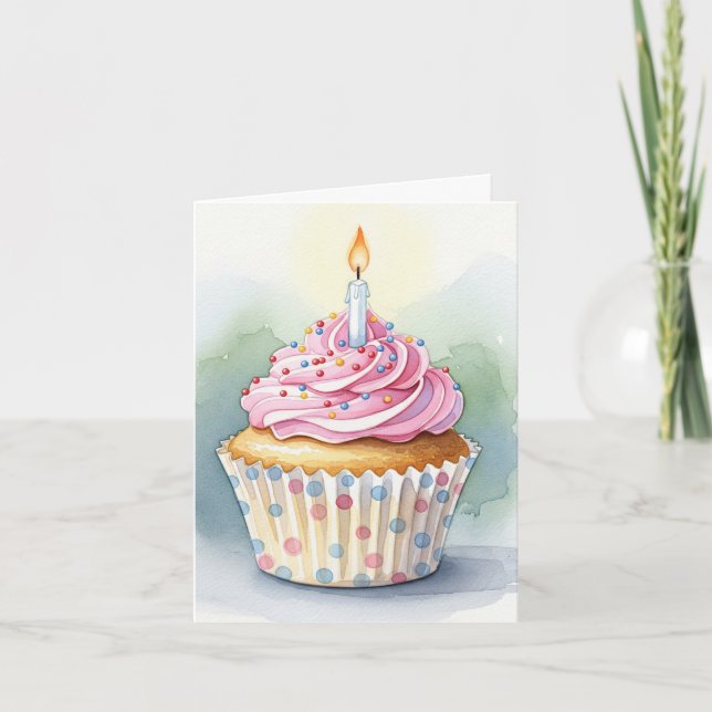Watercolor Pink Cupcake Invitation d'anniversaire (Devant)