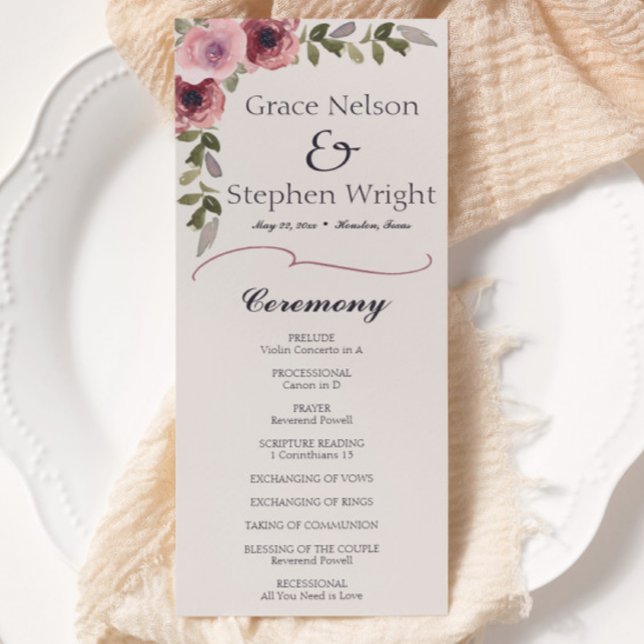 Watercolor Pink Flower Mariage Event Programme (watercolor floral botanical pink rose flower wedding program)