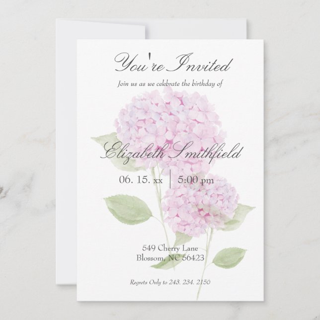 Watercolor Pink Hydrangea Invitation (Devant)