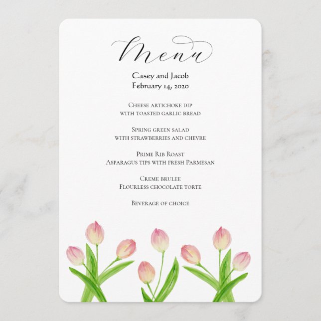 Watercolor Pink Tulips Menu pour Mariages ou événe (Devant)