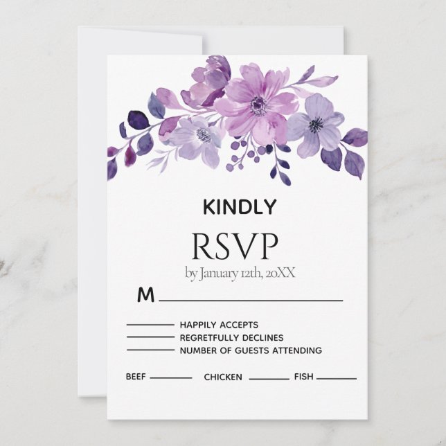 Watercolor purple flower bouquet RSVP card (Devant)