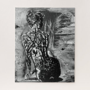 Watercolor Puzzle Nature Lady Black and White 