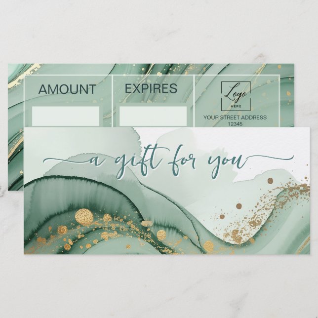 Watercolor Qr Code Sage Green Gold Gift Certificat (Devant / Derrière)