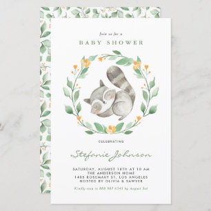 Watercolor Raccoon Baby shower vert Invitation