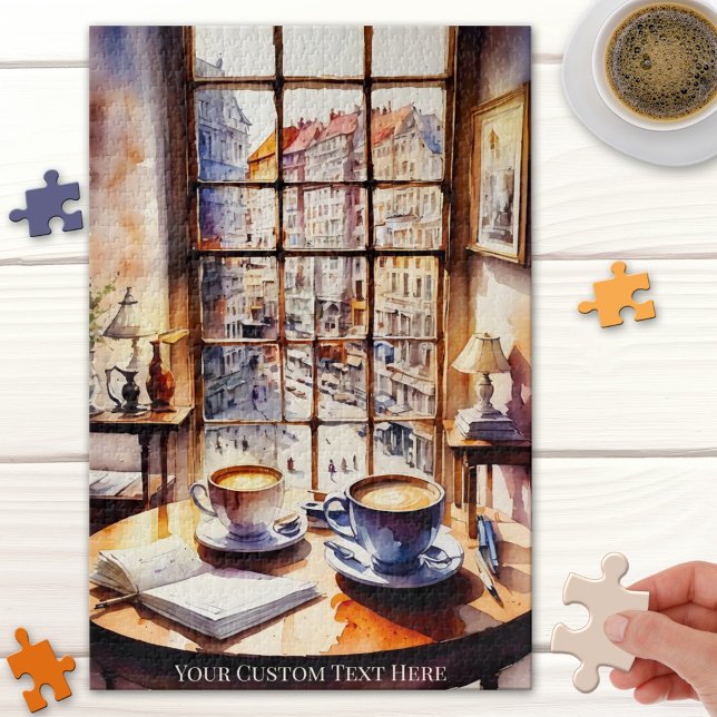 Watercolor Retro City Coffee Puzzle (Retro puzzle featuring a watercolor painting of two coffees - with a view on sunny European city)