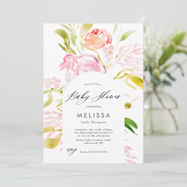 Watercolor Rose bouquet Baby shower Invitation (Debout devant)