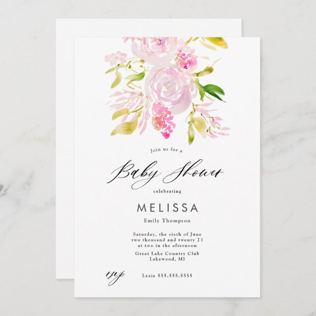 Watercolor Rose bouquet Baby shower Invitation (Devant / Derrière)
