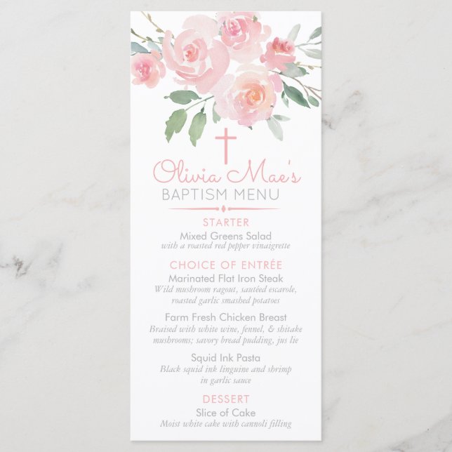 Watercolor Roses Girl Baptism Custom Event Menu (Devant)