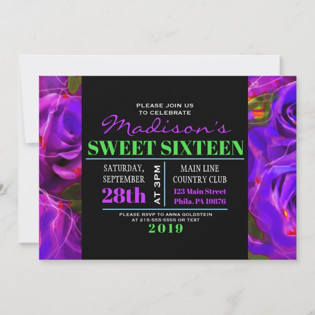 WATERCOLOR ROSES NEON Sweet sixteen Invitation (Devant)