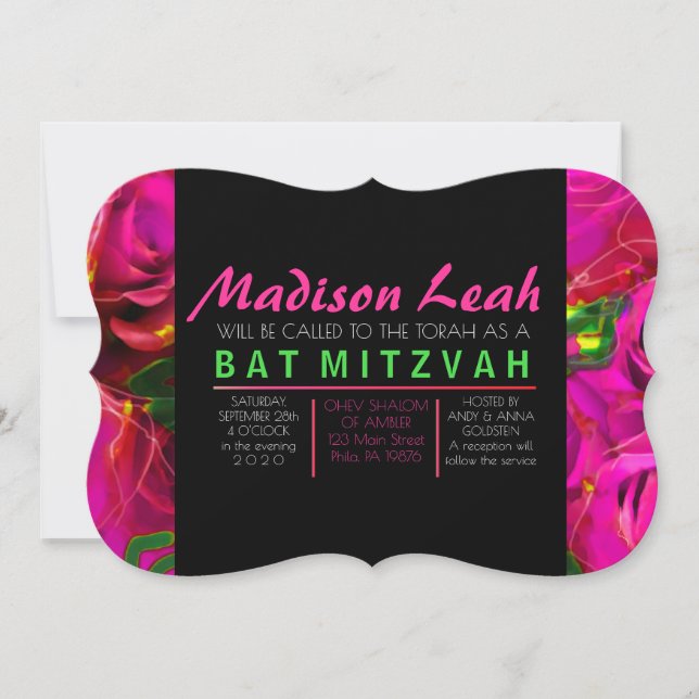 WATERCOLOR ROSES PINK NEON Bat mitzvah Invitation (Devant)