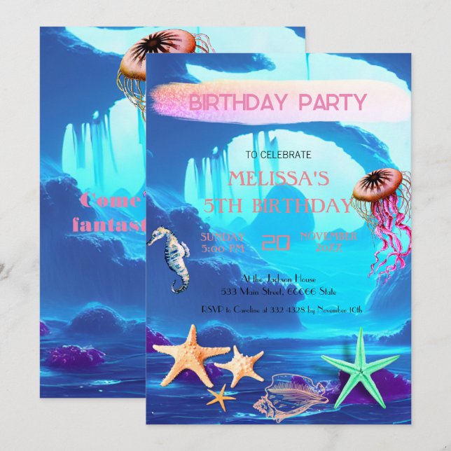Watercolor Sea Animaux Invitation de fête d'annive (Devant / Derrière)