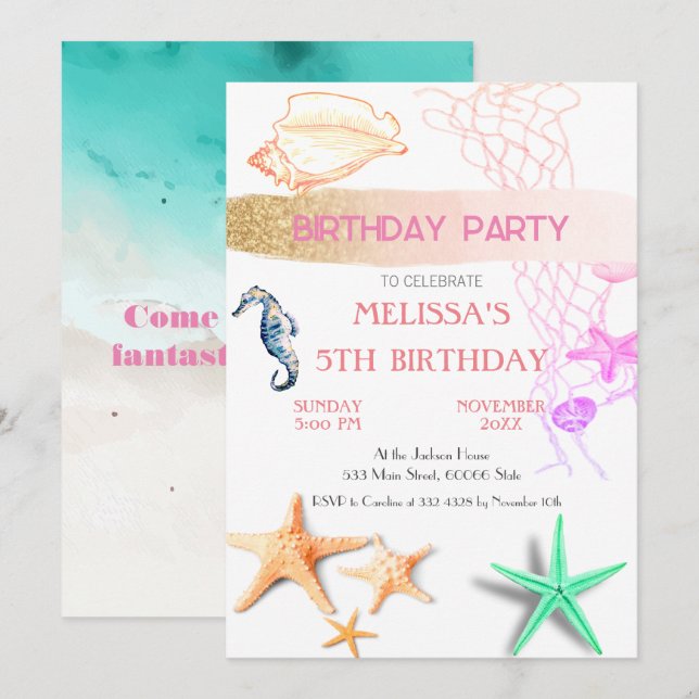 Watercolor Sea Animaux Invitation de fête d'annive (Devant / Derrière)