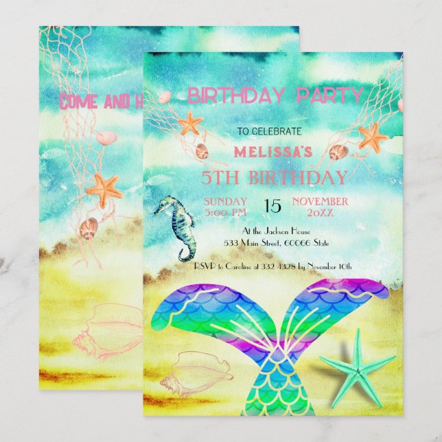 Watercolor Sea Animaux Invitation de fête d'annive (Devant / Derrière)